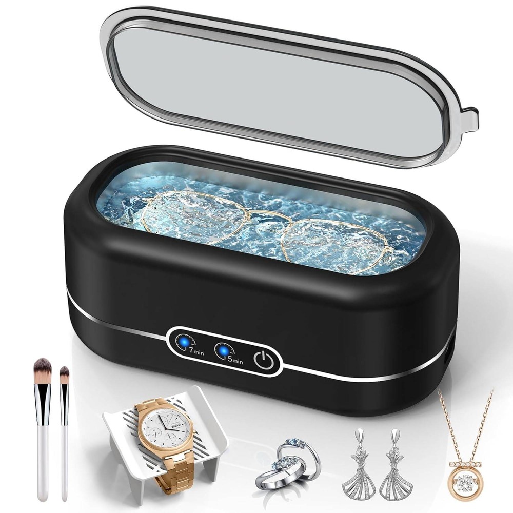 Portable Ultrasonic Jewelry Cleaner Machine for Glasses Watches Brushes Black